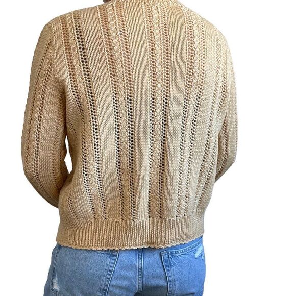 Vintage Womens Hand Knit Pastel Yellow Wool Lace Cable Dainty Cardigan Sz M - Picture 6 of 7